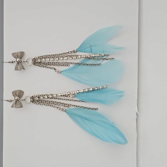 Feather, Rhinestone, Chain & Silvertone Metal Bow Pierced Earrings - Picture 2 of 9